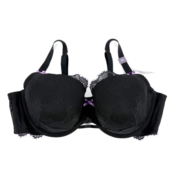 Cacique Lightly Lined Balconette Bra Size 44D Black Lace Purple Accent Underwire - Picture 1 of 9